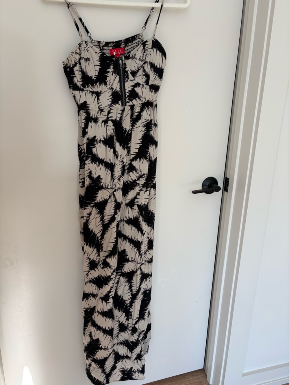 Elle Black and Cream Tropical Zip-Front Bustier Maxi Dress Pockets Small